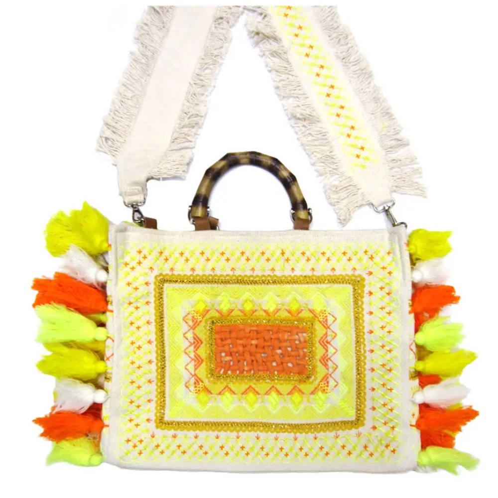 Fabulous MJ New York Boho Embroidered Tassel Tote Crossbody Bag Bamboo Handle
